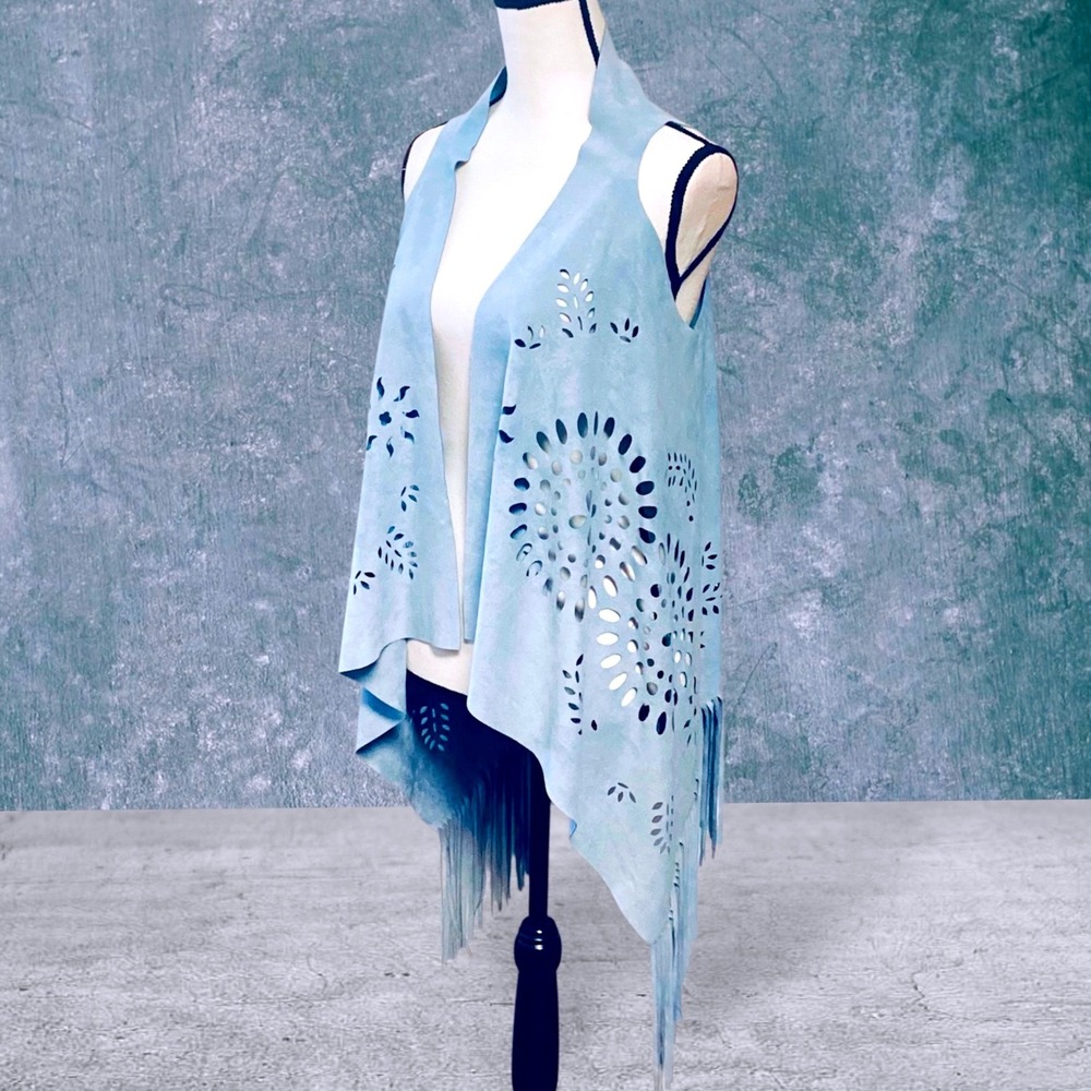 LaBellum Hillary Scott Light Blue Faux Suede Laser Cut Fringe Vest XS/S Boho